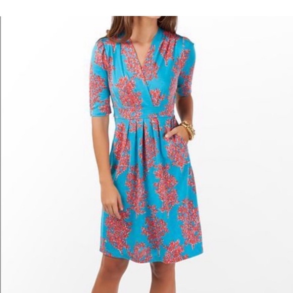 Lilly Pulitzer Dress Womens XS Turquoise Bellanna Coral Reef Short Sleeve Silk